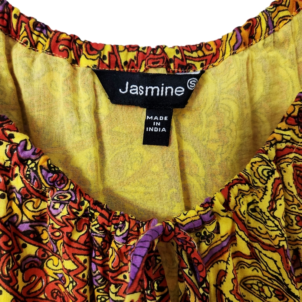Bold Multicolor Paisley Print Boho Peasant Puff Sleeve Babydoll Top | Jasmine - Picture 4 of 8